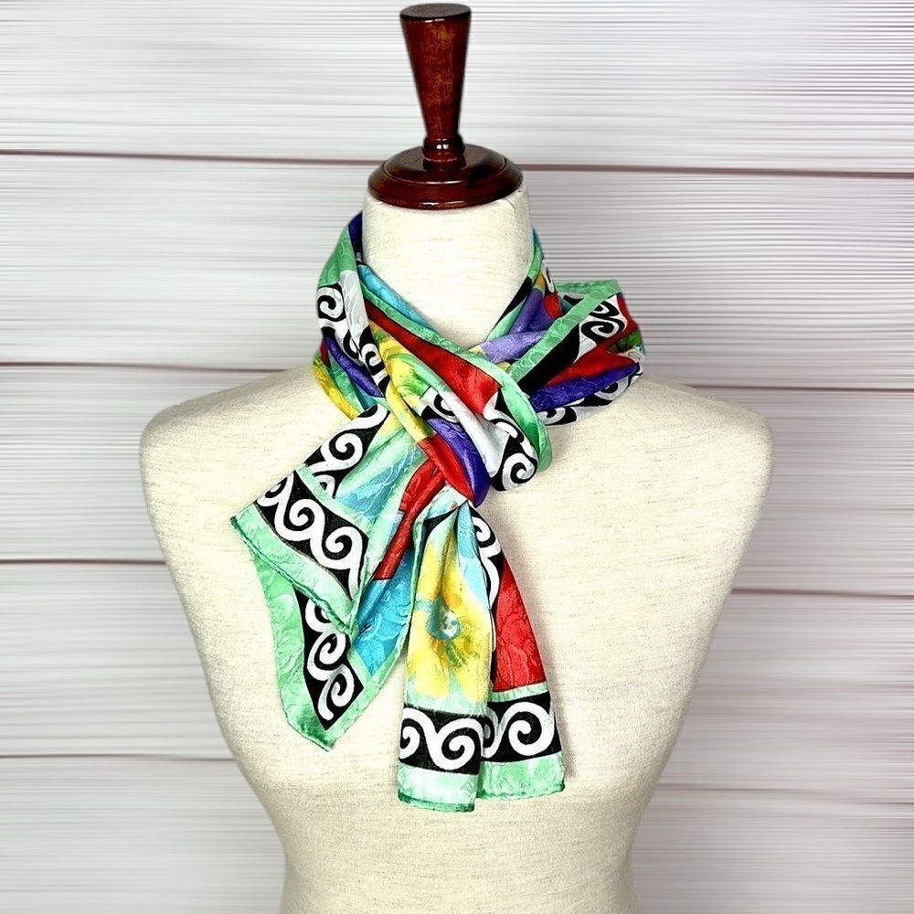 HONEY Silk Rectangle Scarf Colorful Geometric Pattern - Picture 5 of 7